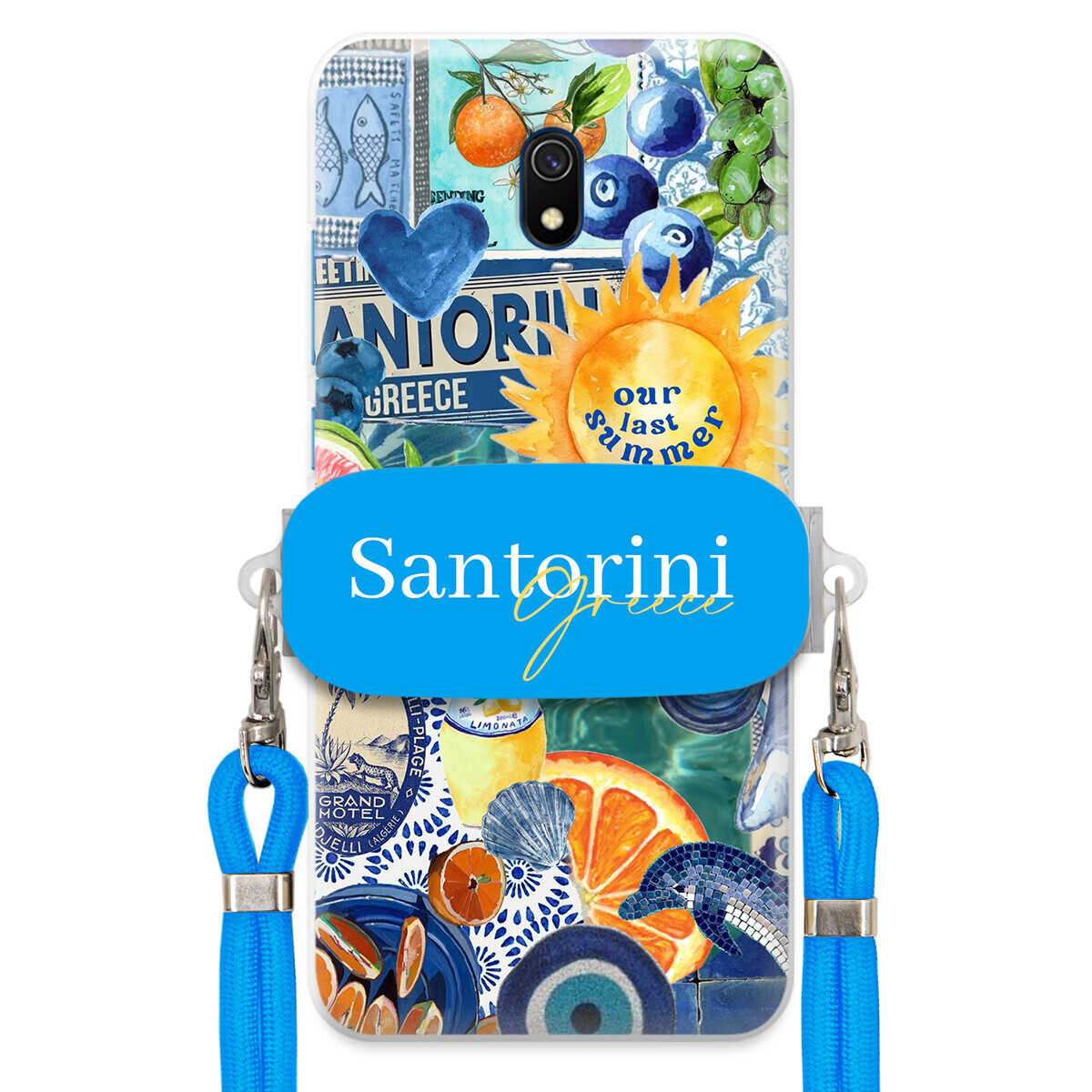 Pouzdro pro Xiaomi Redmi 8A Modré Crossbody vodítko držák Santorini Greece