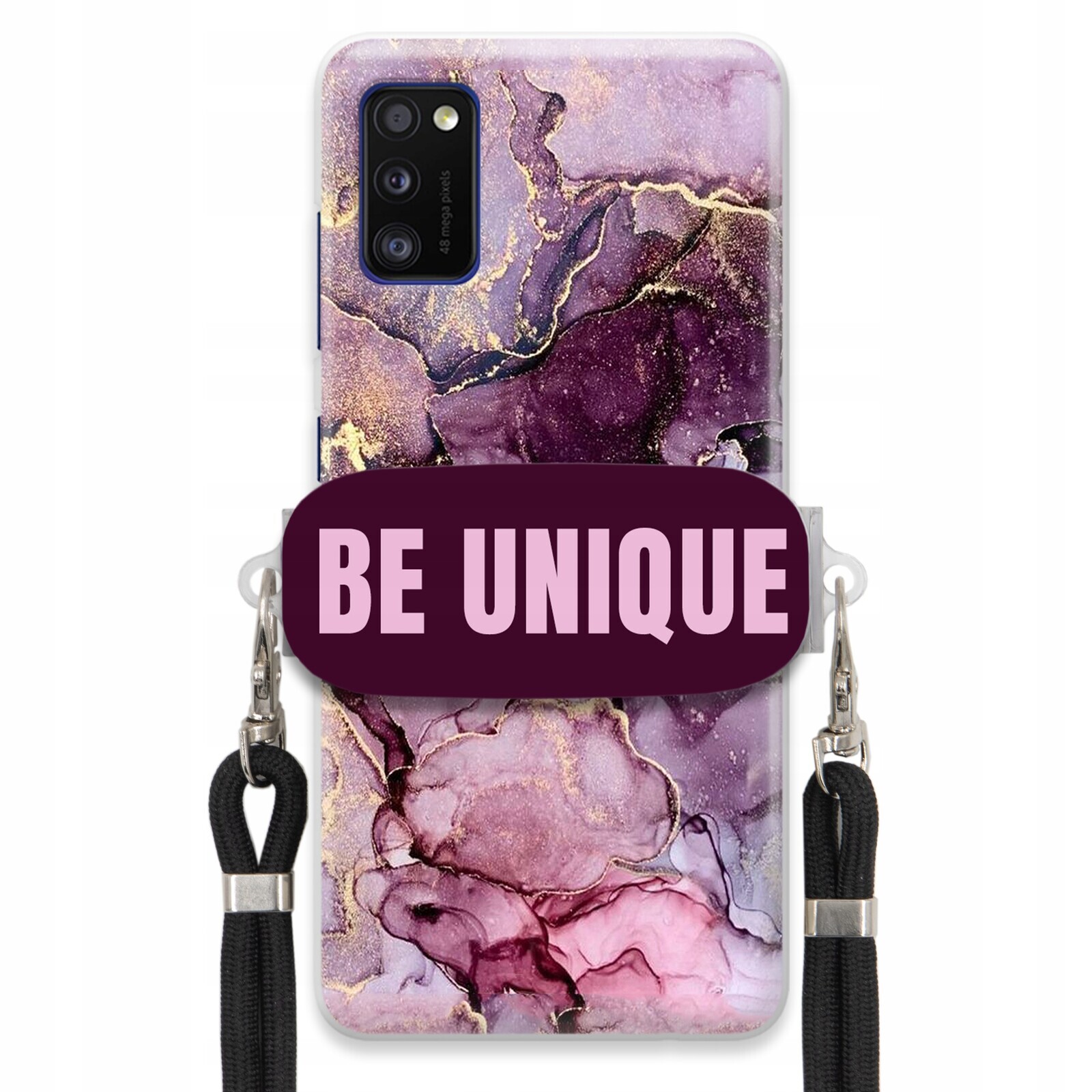 Pouzdro Premium pro Samsung A41 Case úchytka na šňůrku Černá Fialová Mramorová