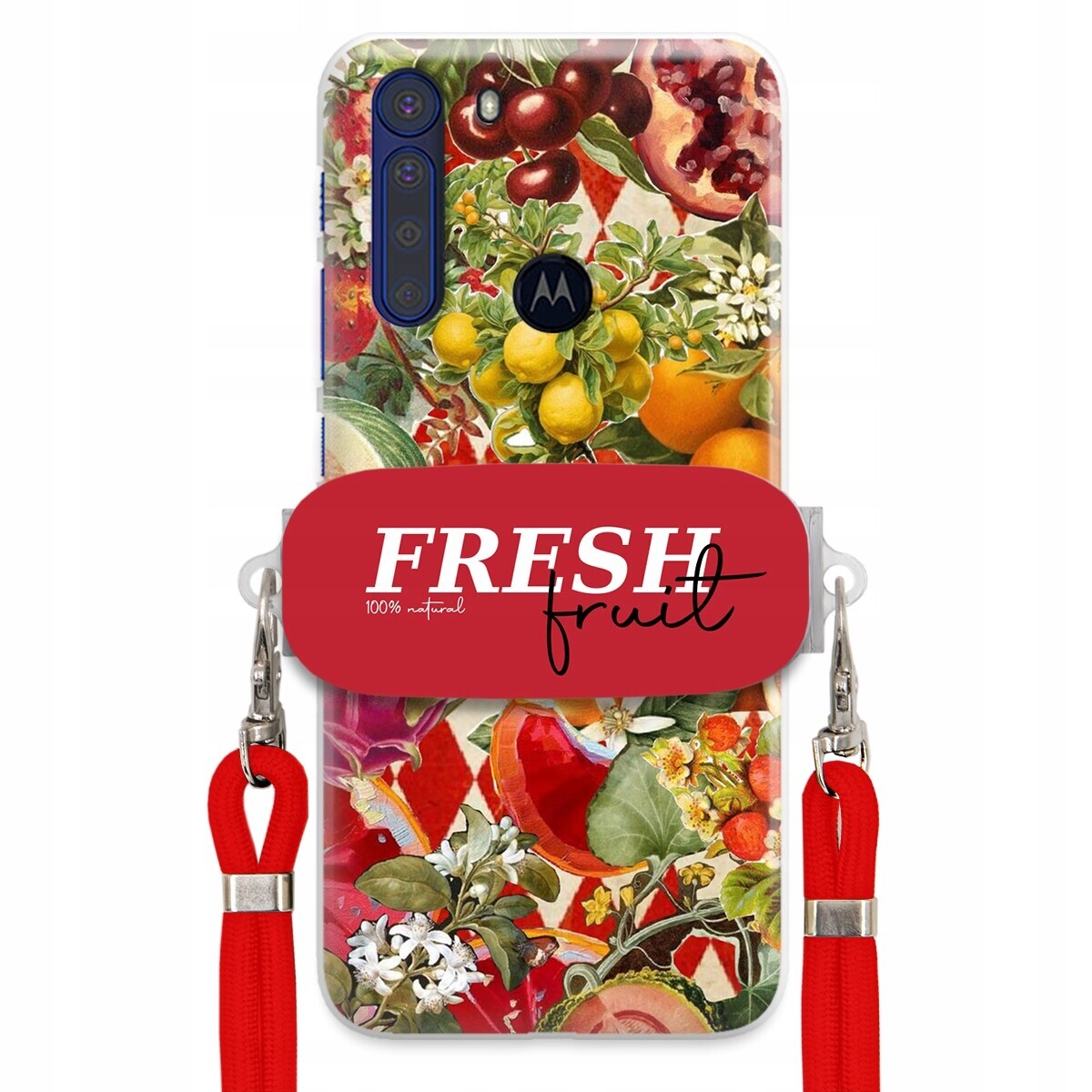 Pouzdro pro Motorola One Fusion Červené Crossbody vodítko Držák Fresh Fruit