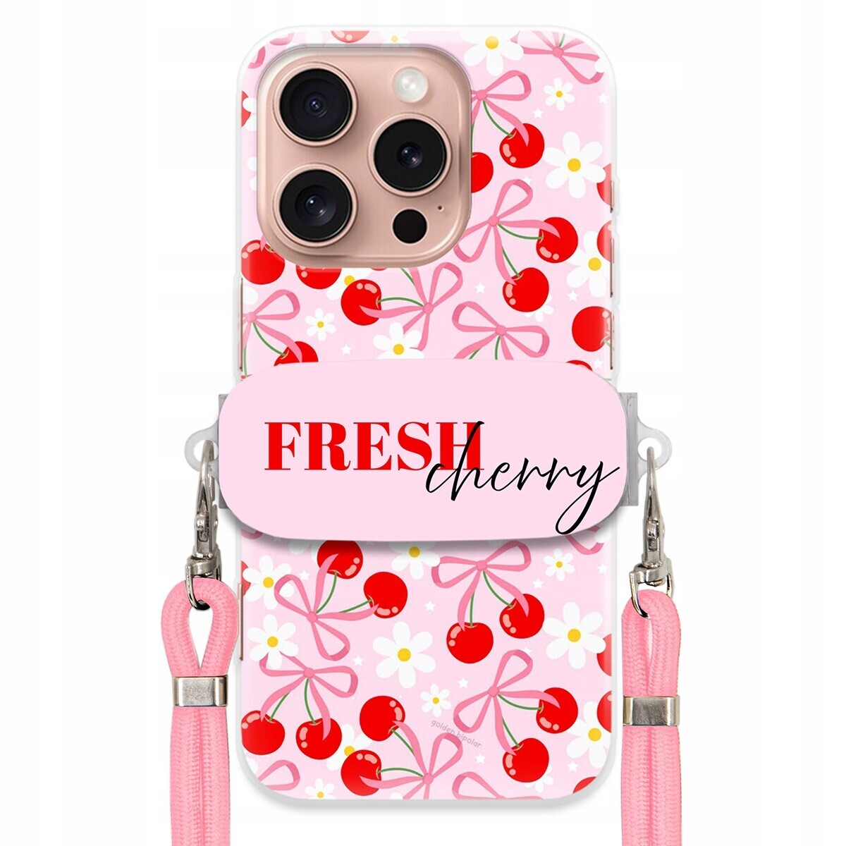 Pouzdro pro iPhone 16 Pro Case Držák Šňůrka Růžová Fresh Cherry Kokardy