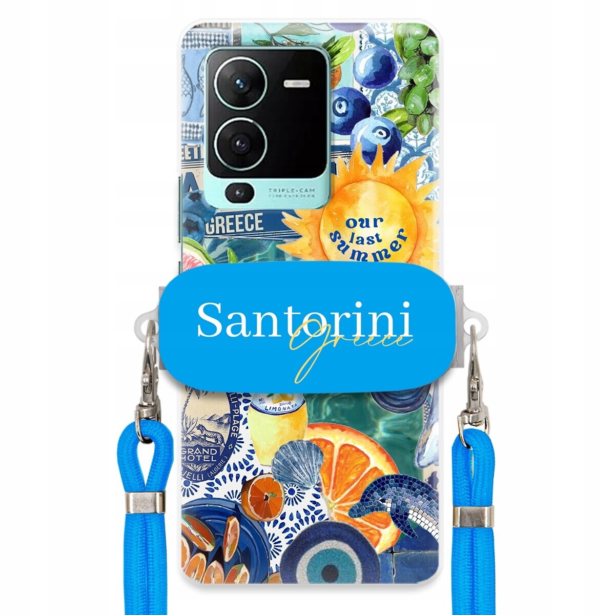 pouzdro na Vivo S15 Pro Modré vodítko Crossbody Držák Santorini Sea Vibes