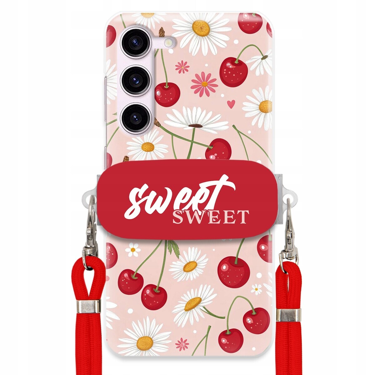 Pouzdro pro Samsung S23 Fe Červené vodítko držák Crossbody Sweet Višňový Květ
