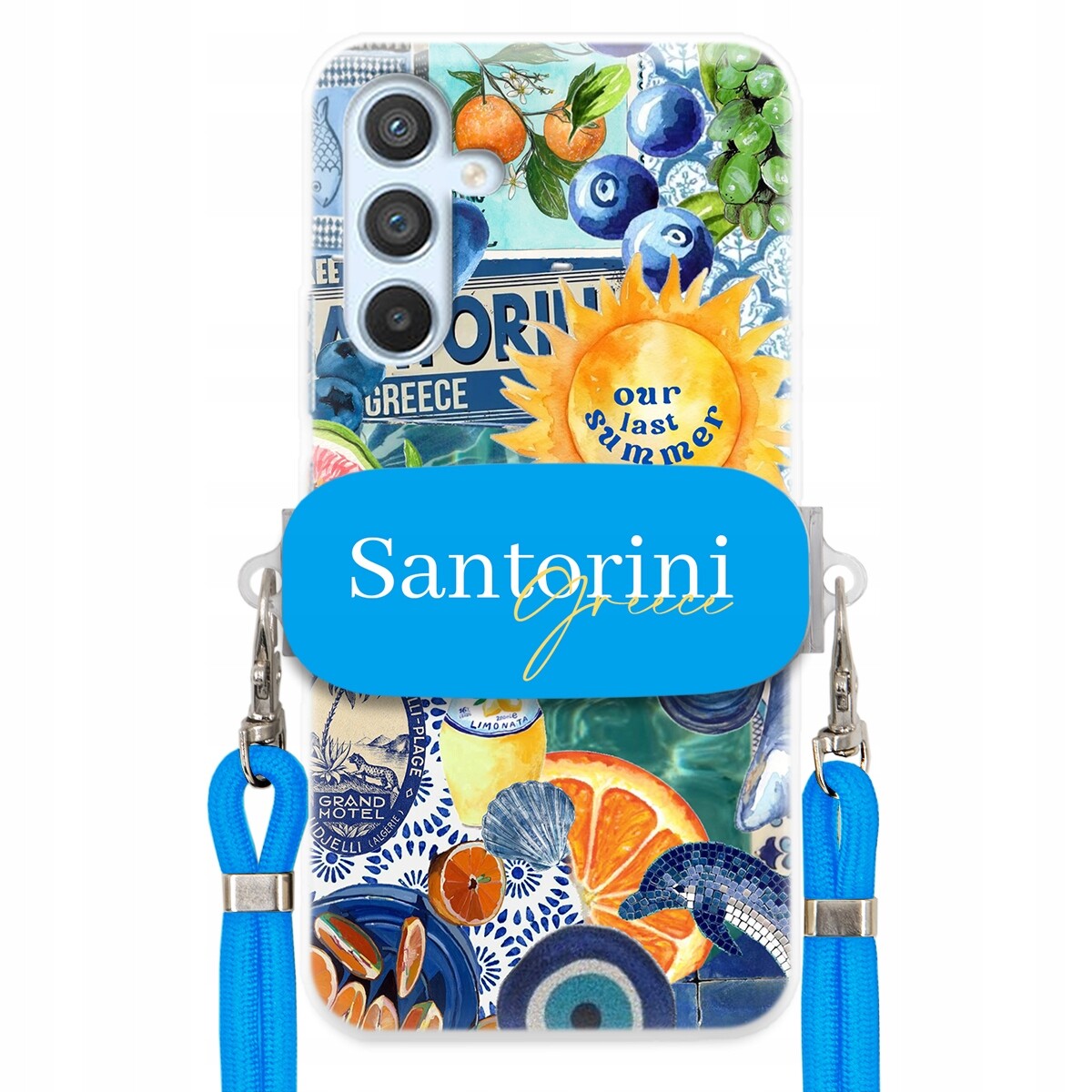 Pouzdro pro Samsung A25 5G Modré Crossbody vodítko držák Santorini Greece