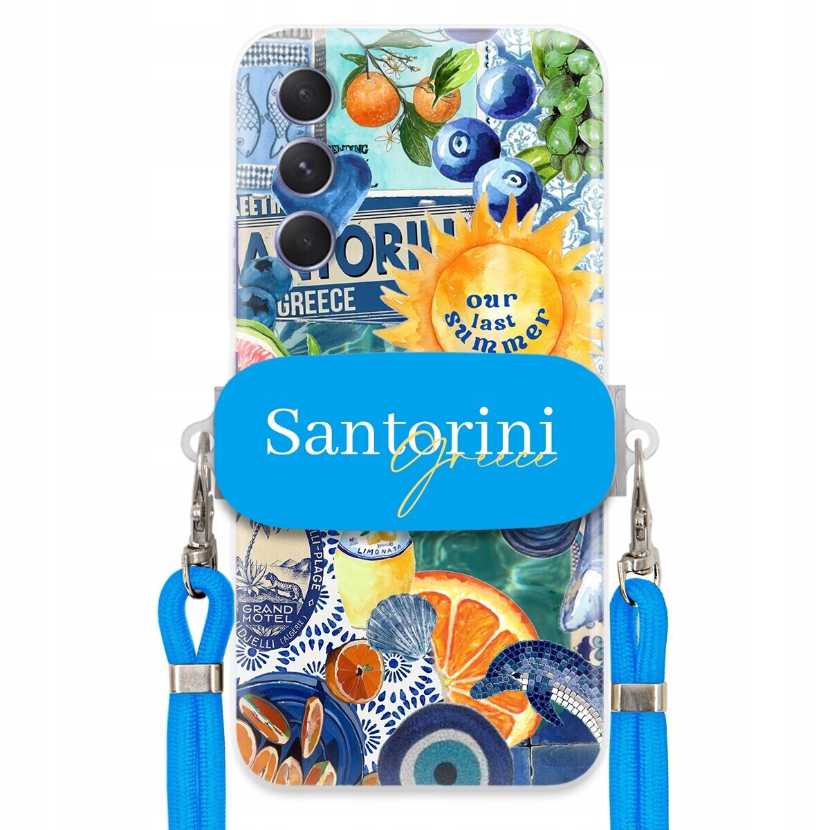 Pouzdro pro Samsung M54 5G Modré Crossbody vodítko držák Santorini Greece