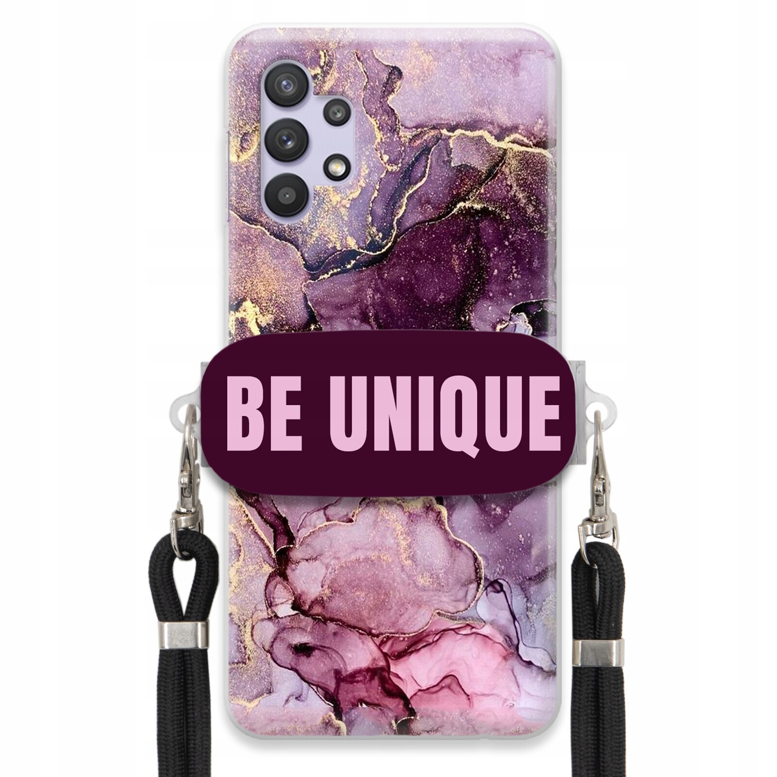 Pouzdro Premium pro Samsung A32 Case úchytka na šňůrku, černá fialová, mramorová