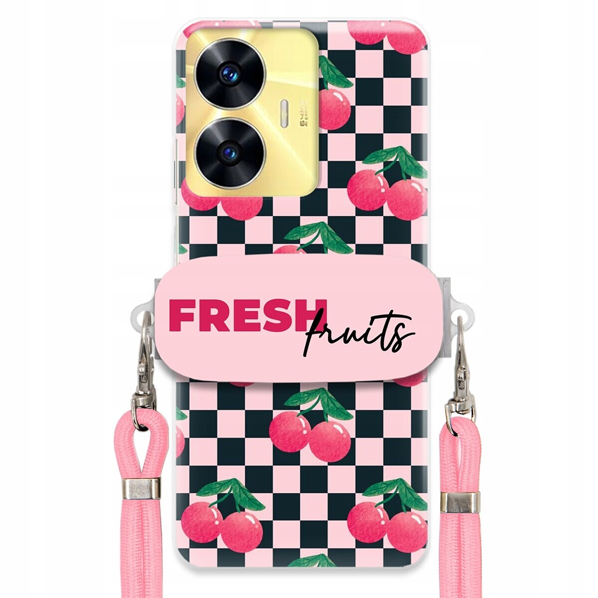 Pouzdro pro Realme C55 Vodítko Pink Crossbody Držák Šachovnice Fresh Fruits