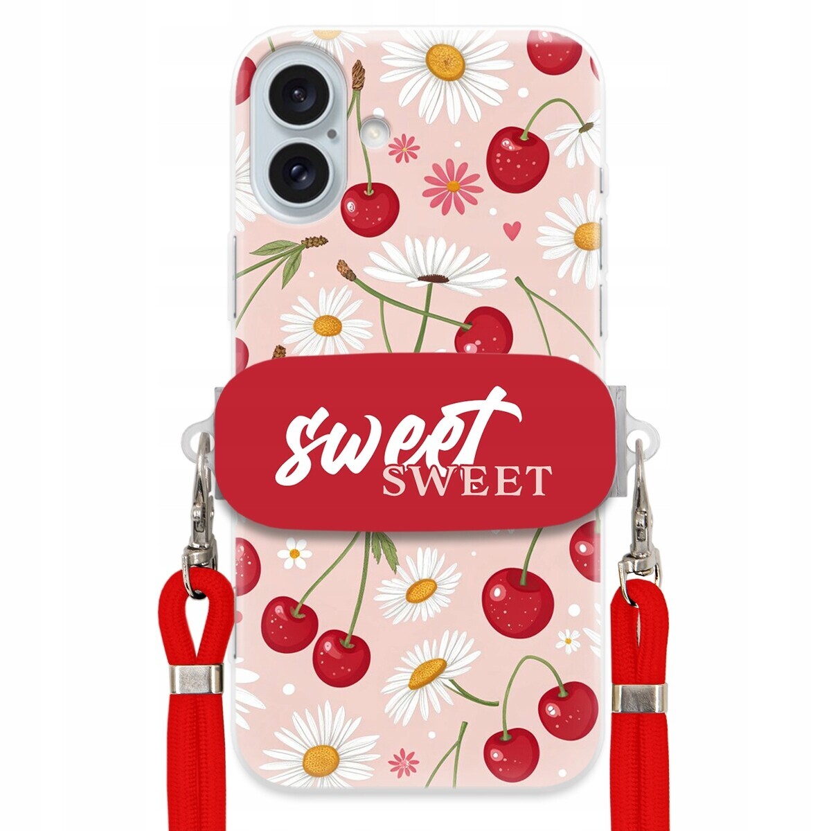 Pouzdro pro iPhone 16 Plus Červené vodítko držák Crossbody Sweet Višňový Květ