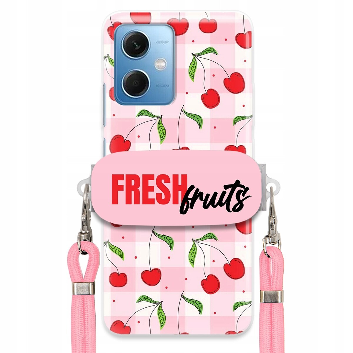 Pouzdro pro Xiaomi Redmi Note 12 5G Držák Šňůrka Růžová Fresh Fruits Mřížka