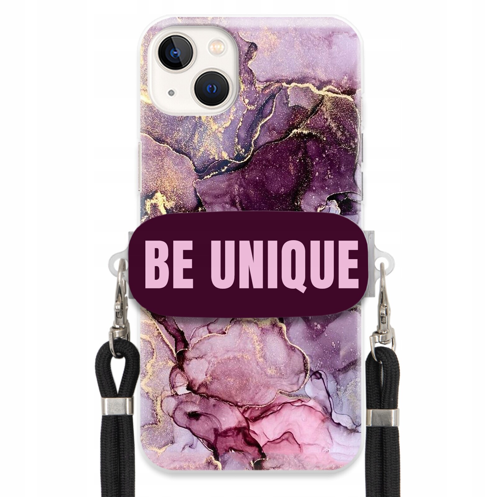 Pouzdro pro iPhone 14 Plus úchytka na šňůrku Černá Fialová Mramorová Be Unique