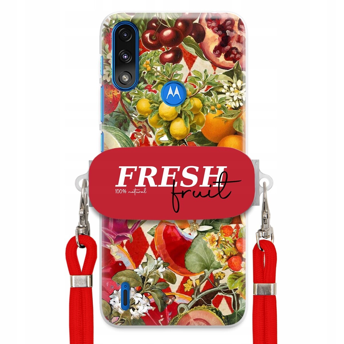 Pouzdro pro Motorola E7 Power Červené Crossbody vodítko Držák Fresh Fruit