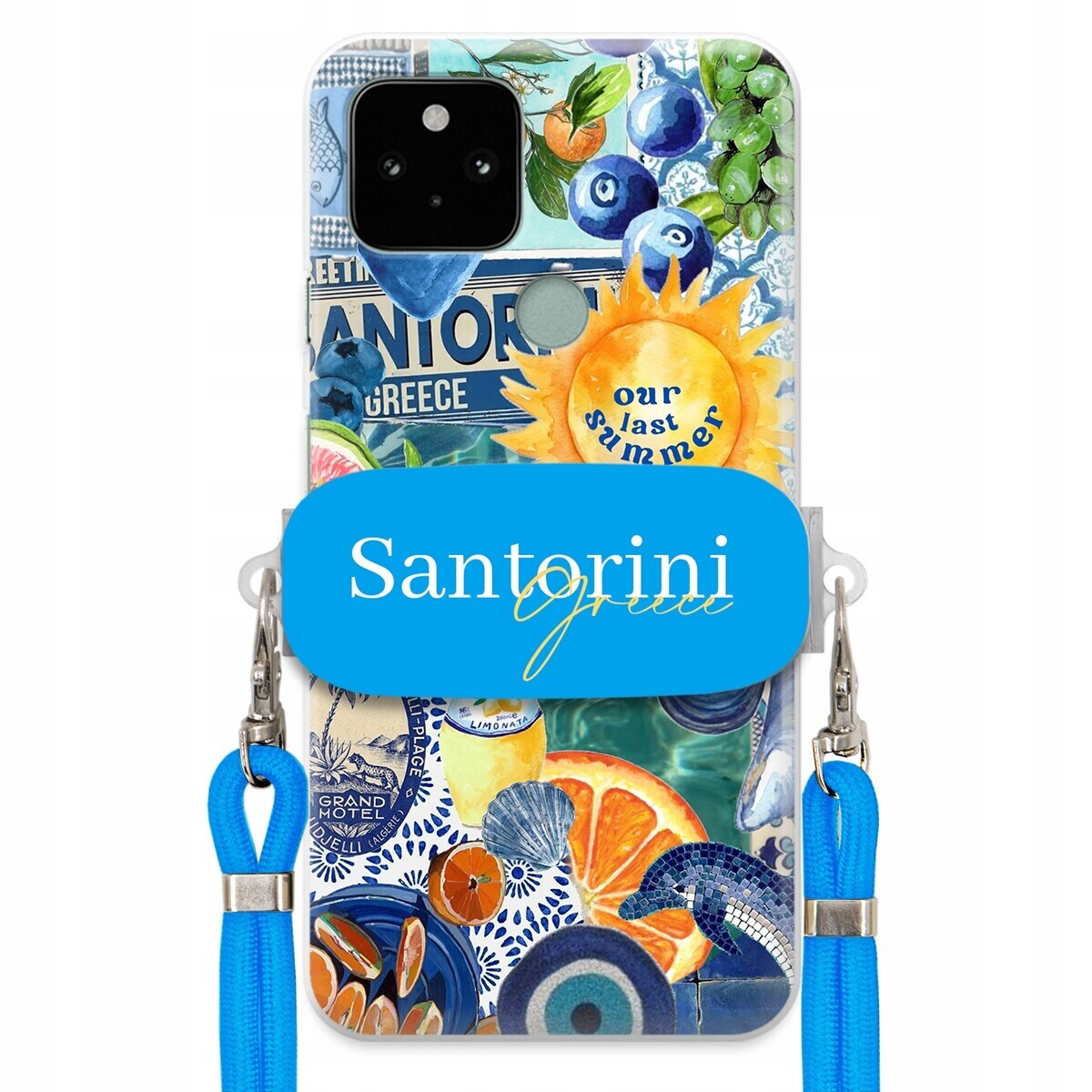 Pouzdro pro Google Pixel 5A Modré Crossbody vodítko držák Santorini Greece
