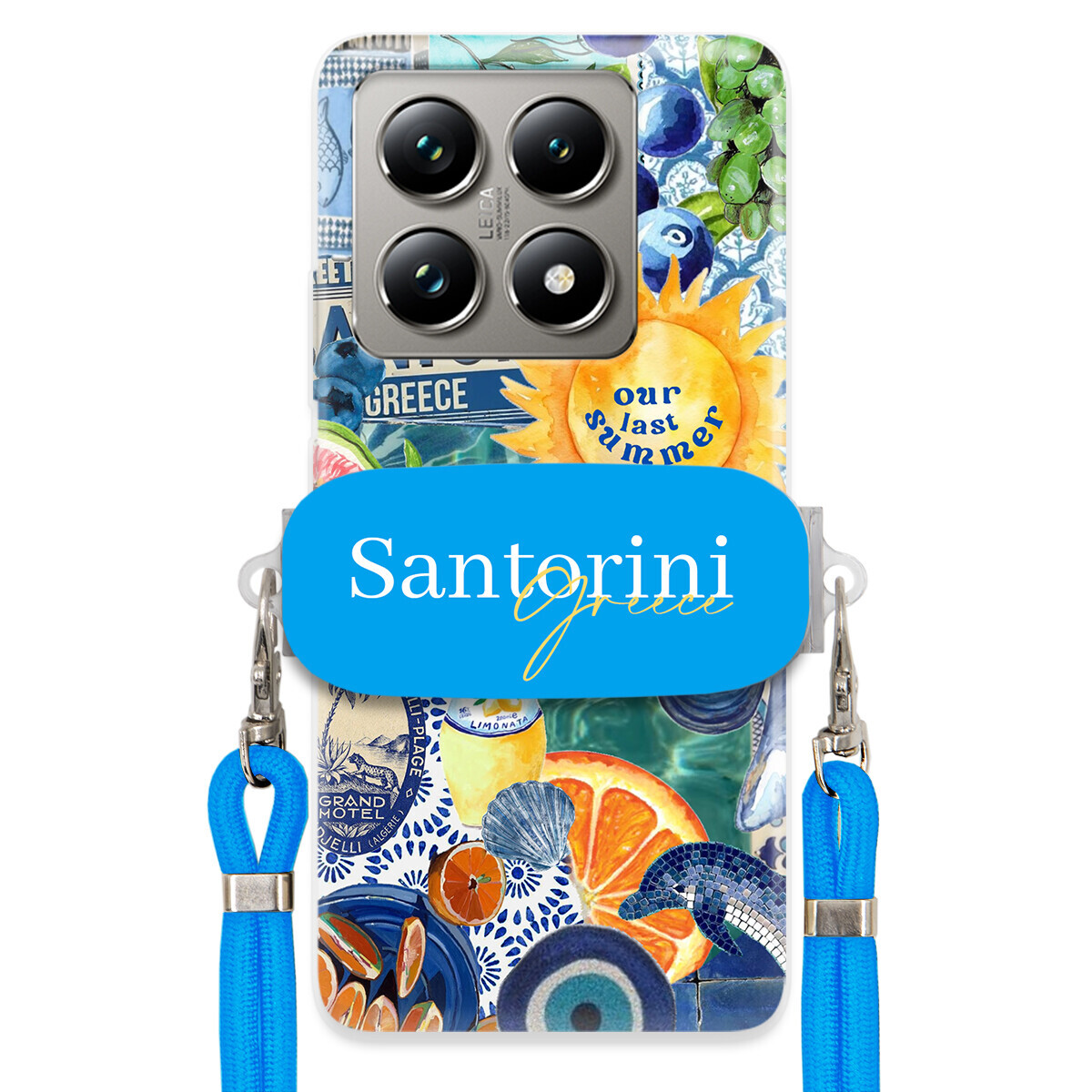 Pouzdro pro Xiaomi 14T Pro Modré Crossbody vodítko Držák Santorini Greece