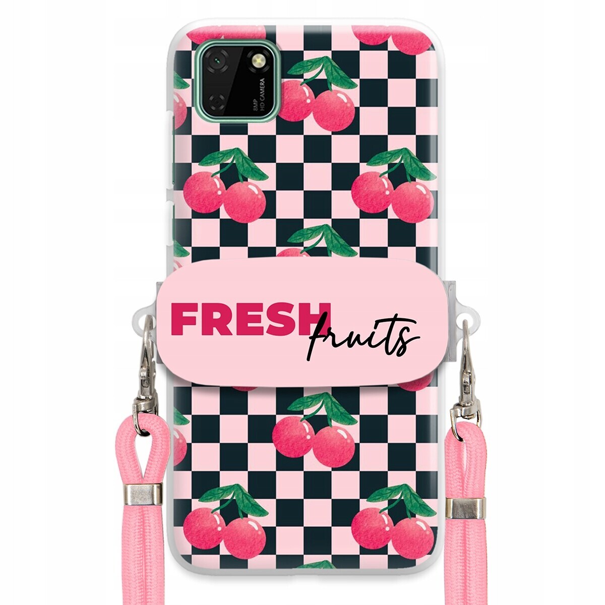 Pouzdro pro Huawei Y5P Vodítko Pink Crossbody Držák Šachovnice Fresh Fruits