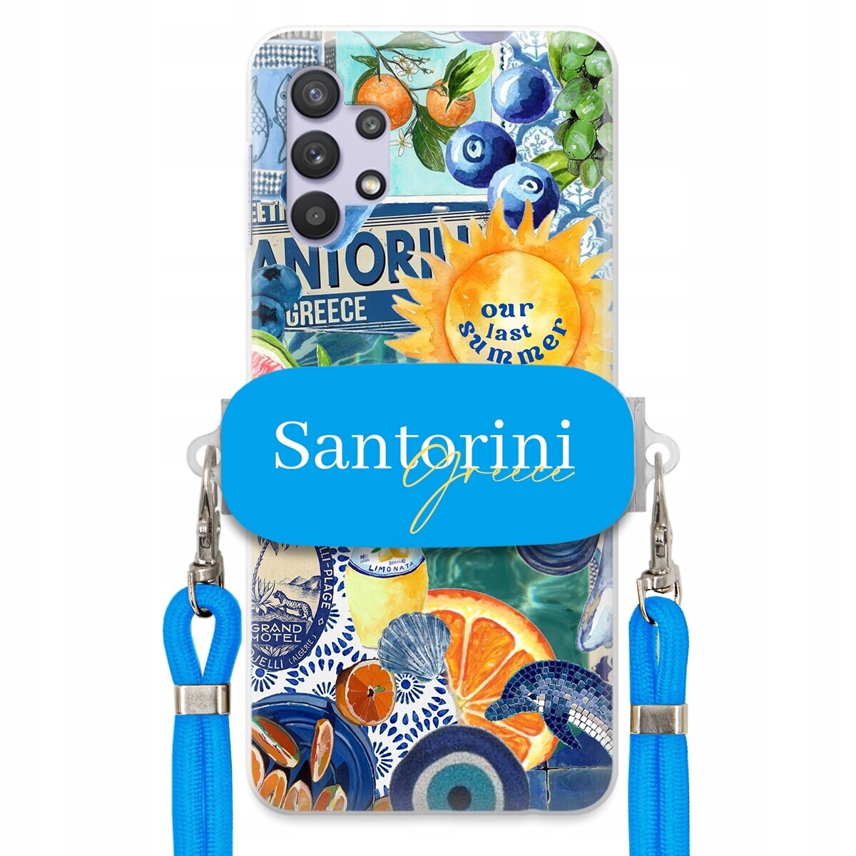 Pouzdro pro Samsung M32 5G Modré Crossbody vodítko držák Santorini Greece