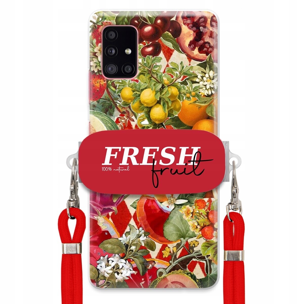 Pouzdro pro Samsung A51 5G Červené Crossbody vodítko Držák Fresh Fruit Ovoce