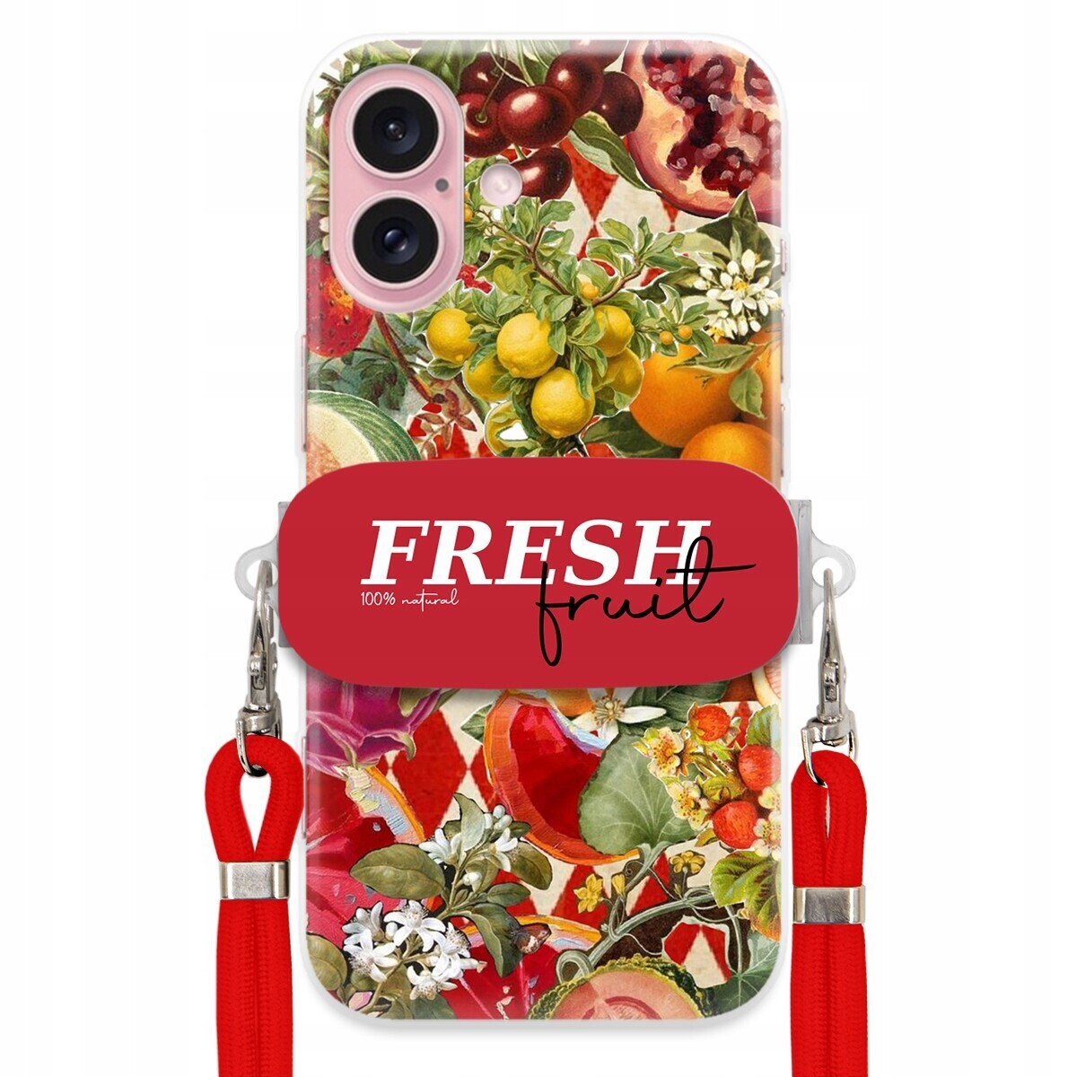 Pouzdro pro iPhone 16 Červené vodítko Crossbody Držák Fresh Fruit Ovocný
