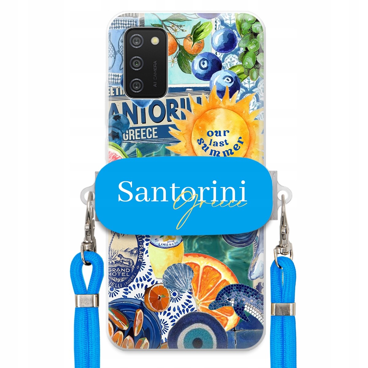 Pouzdro pro Samsung A02S Modré Crossbody vodítko držák Santorini Sea Vibes