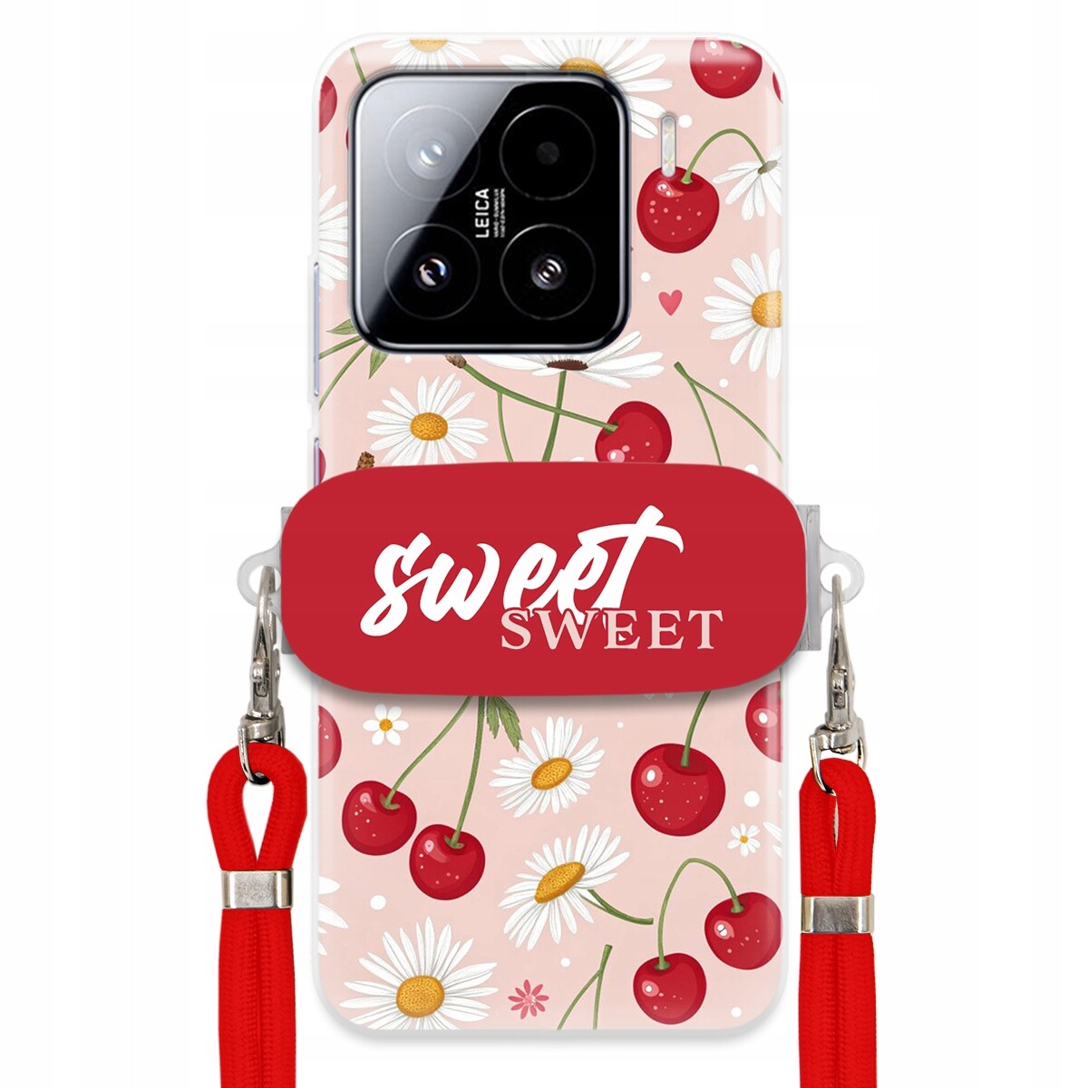 Pouzdro pro Xiaomi 15 Červené vodítko držák Sweet Sweet Višeň a sedmikráska