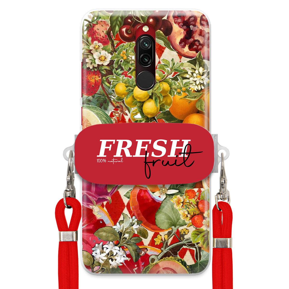 Pouzdro pro Xiaomi Redmi 8 Červené Crossbody vodítko Držák Fresh Fruit Ovoce