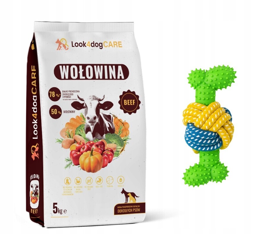 Suché krmivo Look4dog Care Hovězí Maso bez kuřecích obilovin 5 kg Hračka Bonus