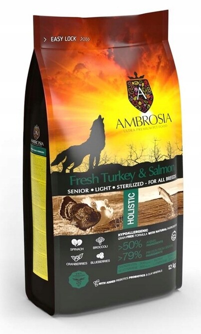 Ambrosia Senior Čerstvý Krůta a Losos 12 kg Suché Krmivo pro psy