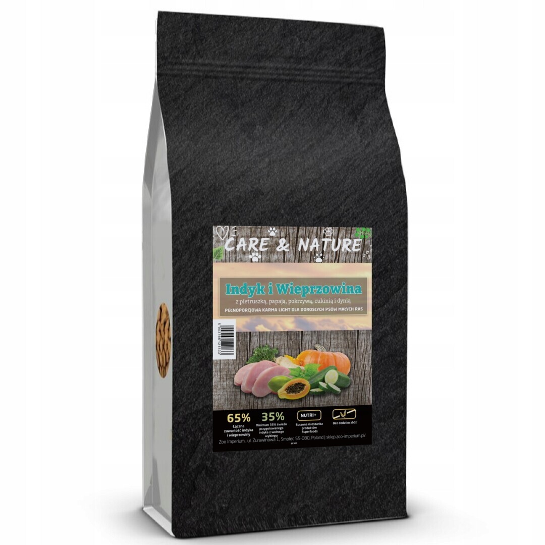 Care and Nature – krůta a vepřové maso 65% light – suché krmivo malých plemen 12 kg.