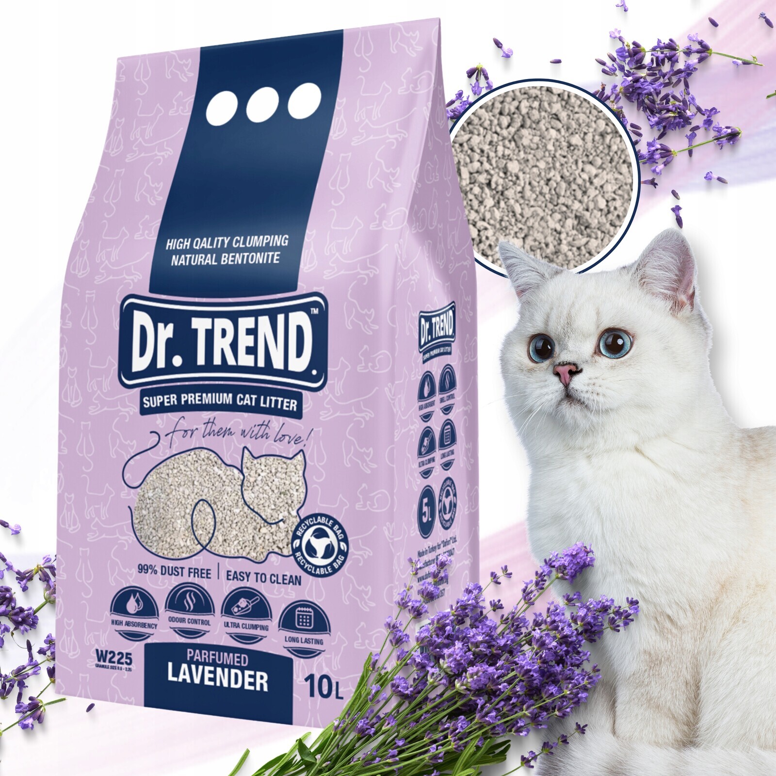 Dr. Trend Premium bentonitové stelivo pro kočky s vůní Levandule 2x10 L