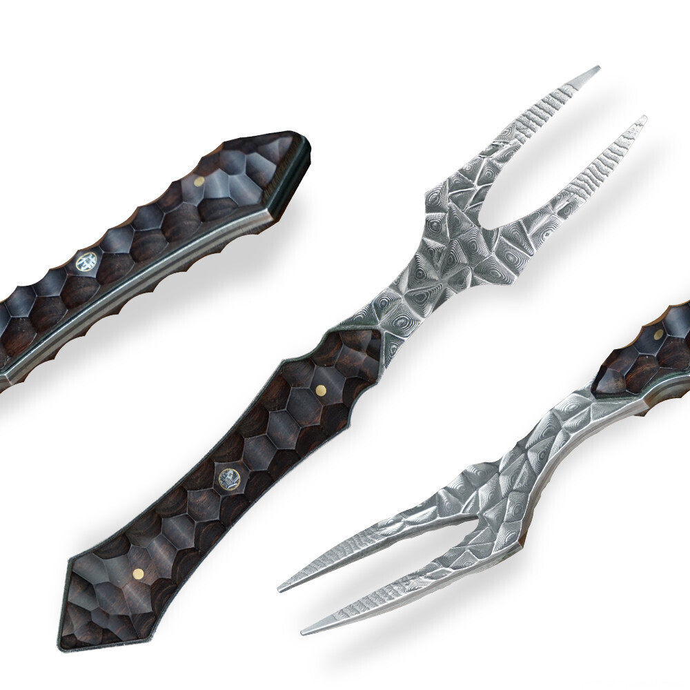 Vidlička steaková Dellinger Damascus BBQ VG-10 - hnědá-stříbrná