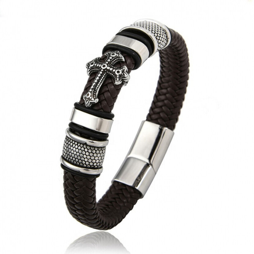 Kožený náramek Gaira Cross - hnědý-stříbrný