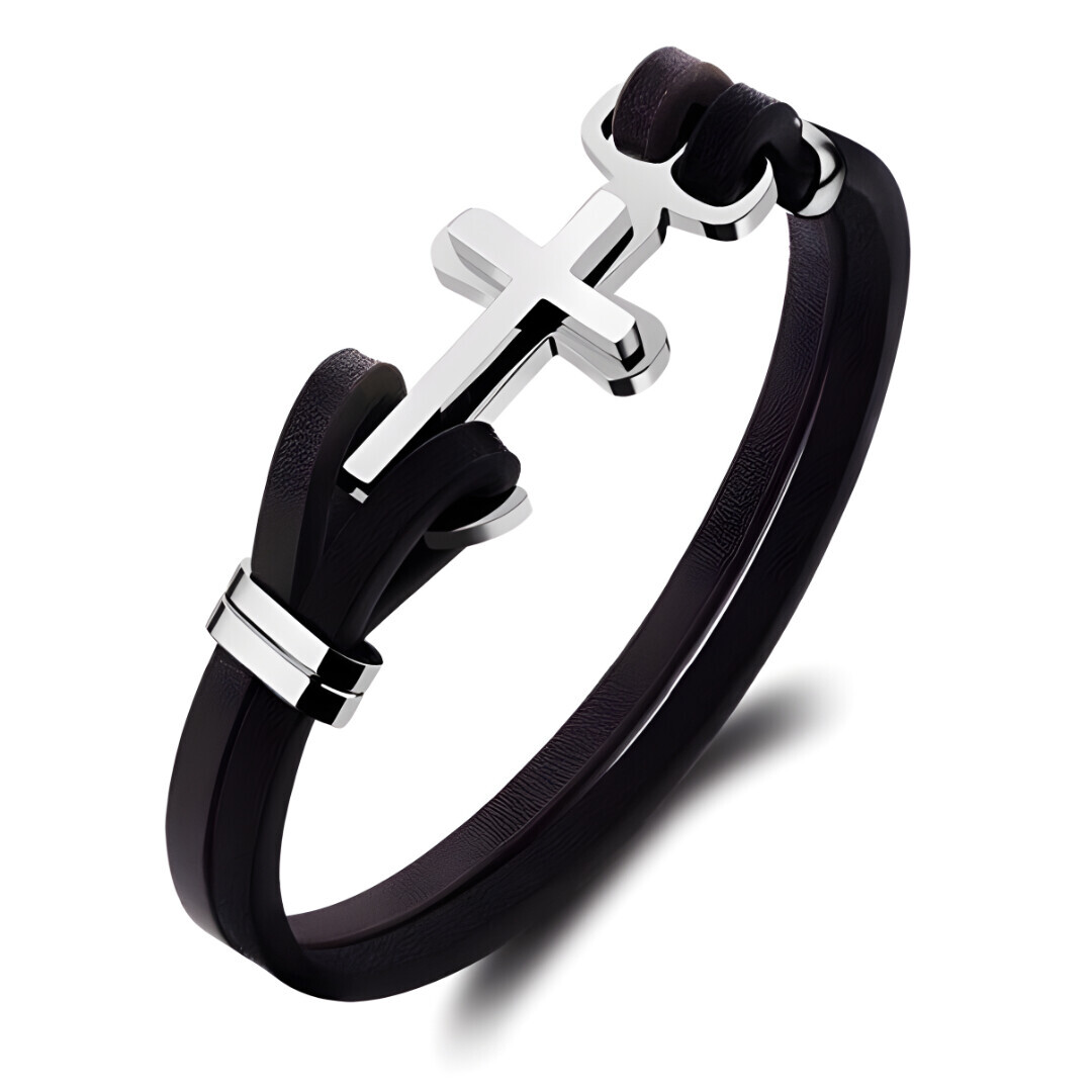 Kožený náramek Gaira Cross 3 - černý-stříbrný