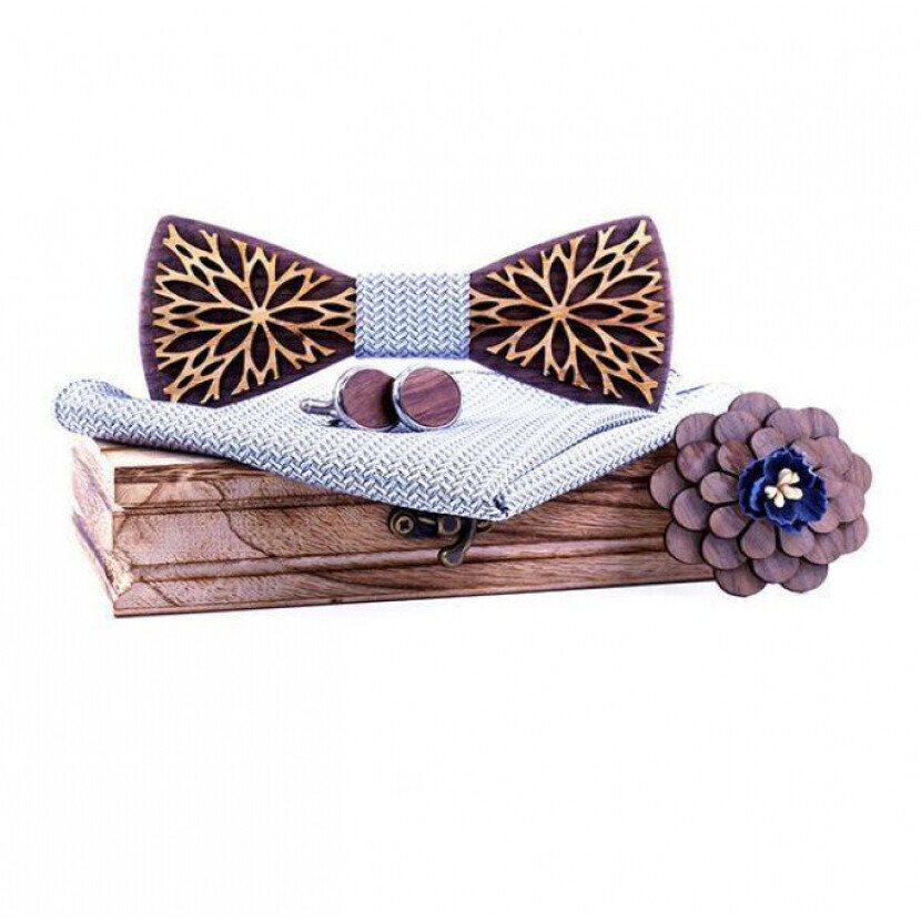 Dřevěný motýlek s kapesníčkem a manžetovými knoflíčky a broží Gaira - hnědý-šedý