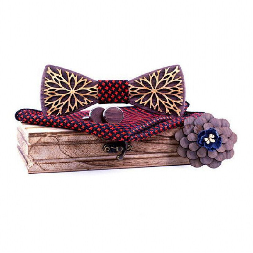 Dřevěný motýlek s kapesníčkem a manžetovými knoflíčky a broží Gaira - hnědý-červený