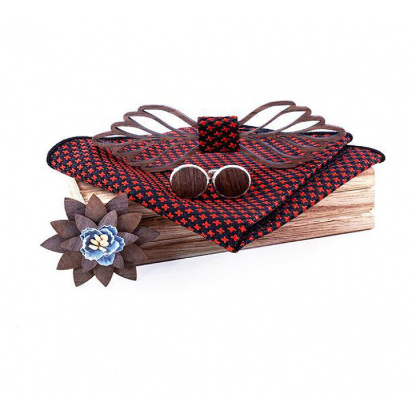 Dřevěný motýlek s kapesníčkem a manžetovými knoflíčky a broží Gaira Air - hnědý-červený