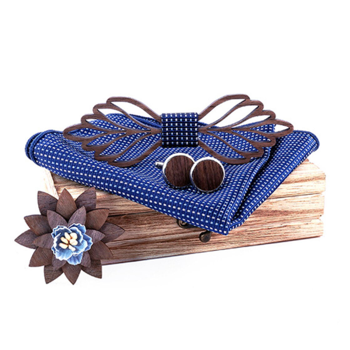 Dřevěný motýlek s kapesníčkem a manžetovými knoflíčky a broží Gaira Air - hnědý-modrý-bílý