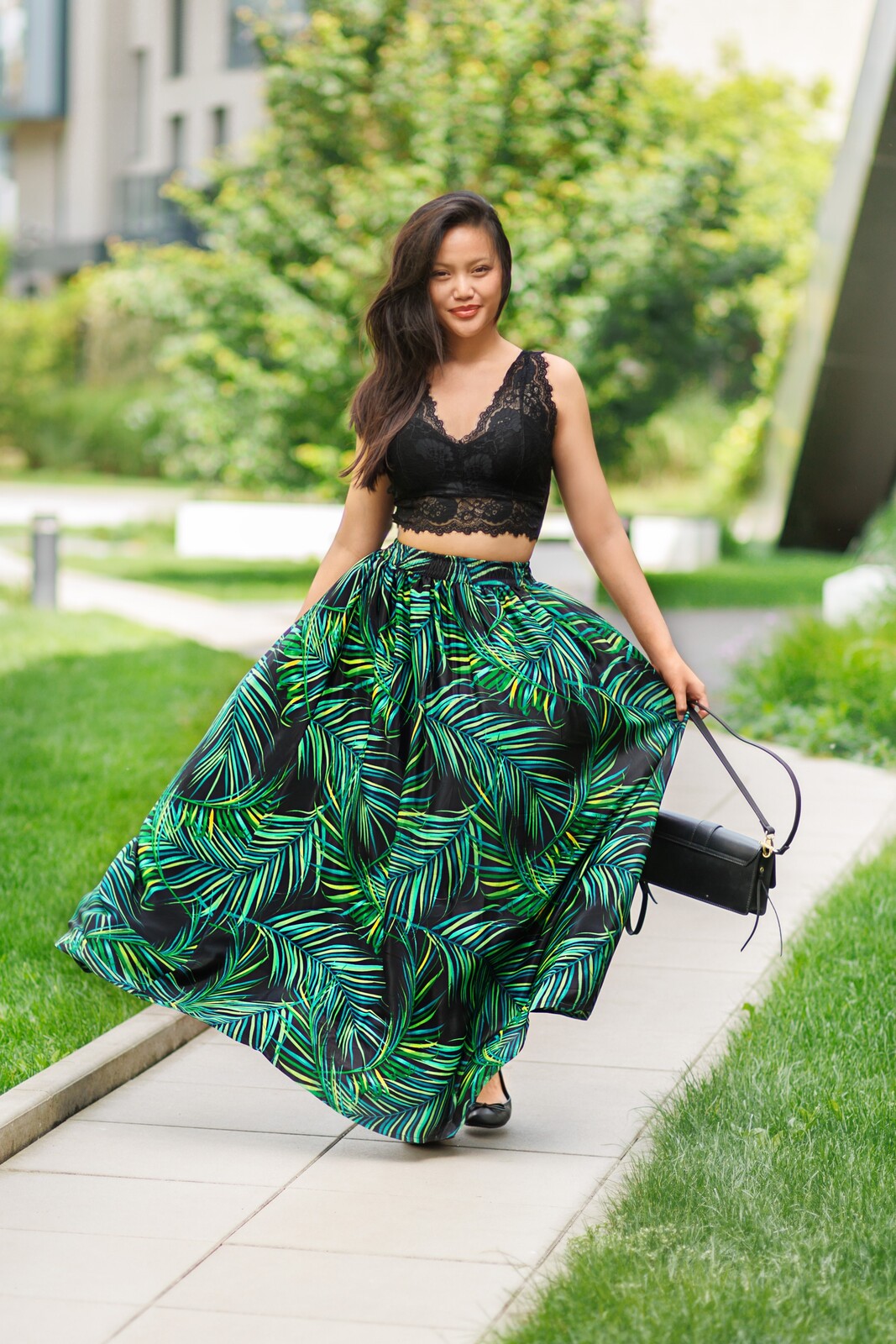 Himalife Maxi sukně s kapsami Listy - zelené Velikost: S/M