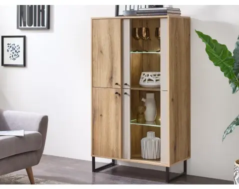 Vitrínová skříňka Cube, dub evoke/pískově šedá, s osvětlením