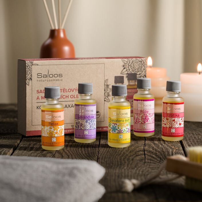 SALOOS Kouzlo relaxace - Bio Olej Erotika 20 ml + Bio Olej Růže 20 ml + Bio Olej Relax 20 ml + Bio Olej Levandule 20 ml + Bio Olej Devatero kvítí 20…