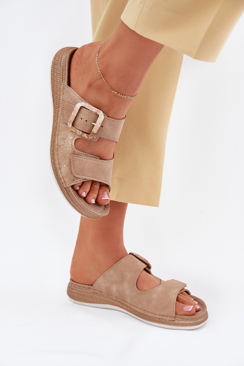 Dámské Pantofle S Přezkou A Suchým Zipem Béžové INBLU