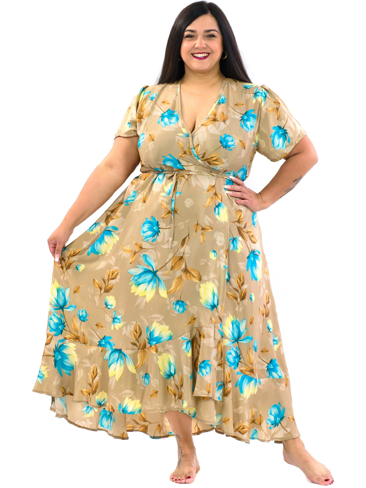 Himalife Zavinovací šaty s volány Shani - béžová s tyrkysovou Velikost: S