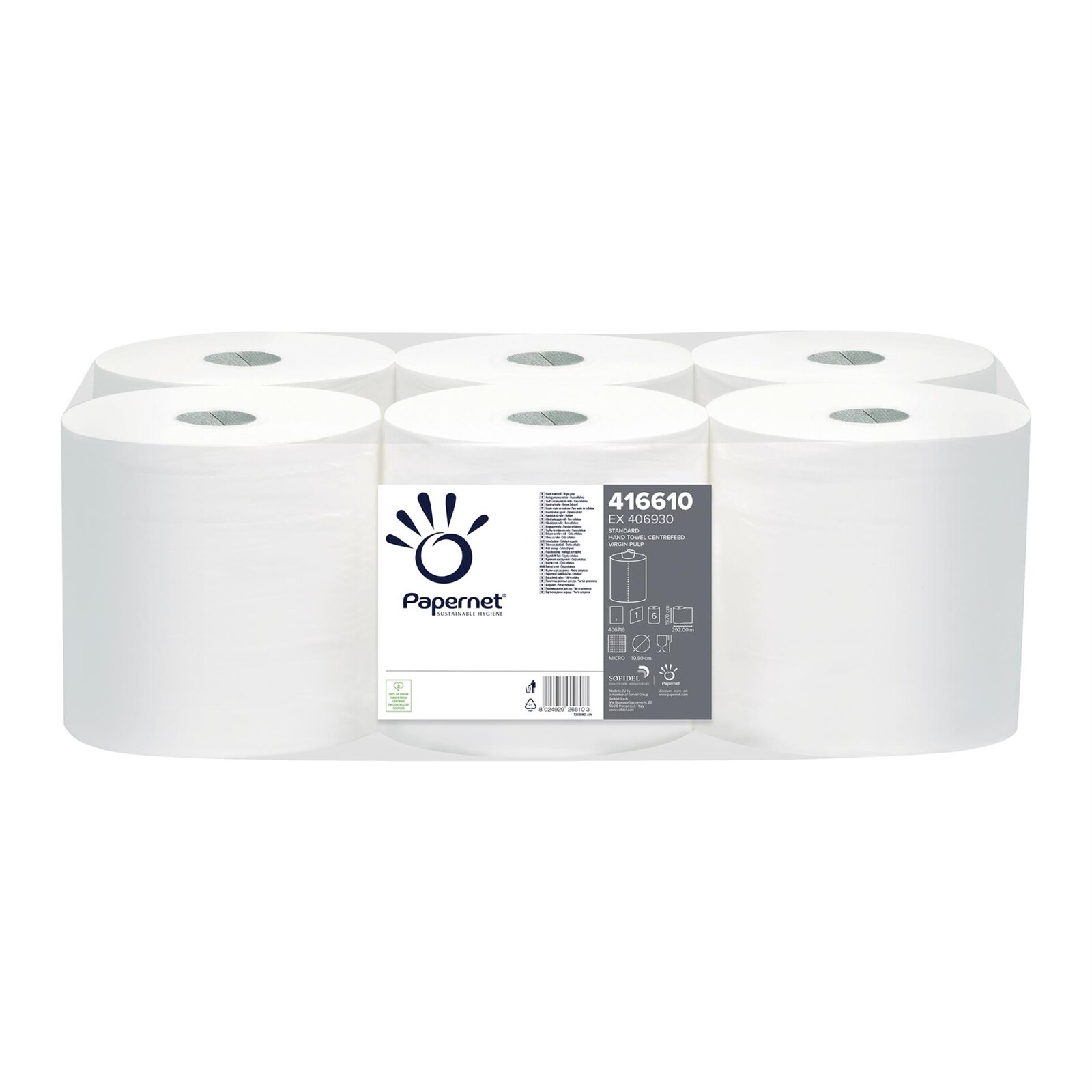 Papírové ručníky v roli Papernet Centrefeed - 1vrstvé, bílé, 6 rolí