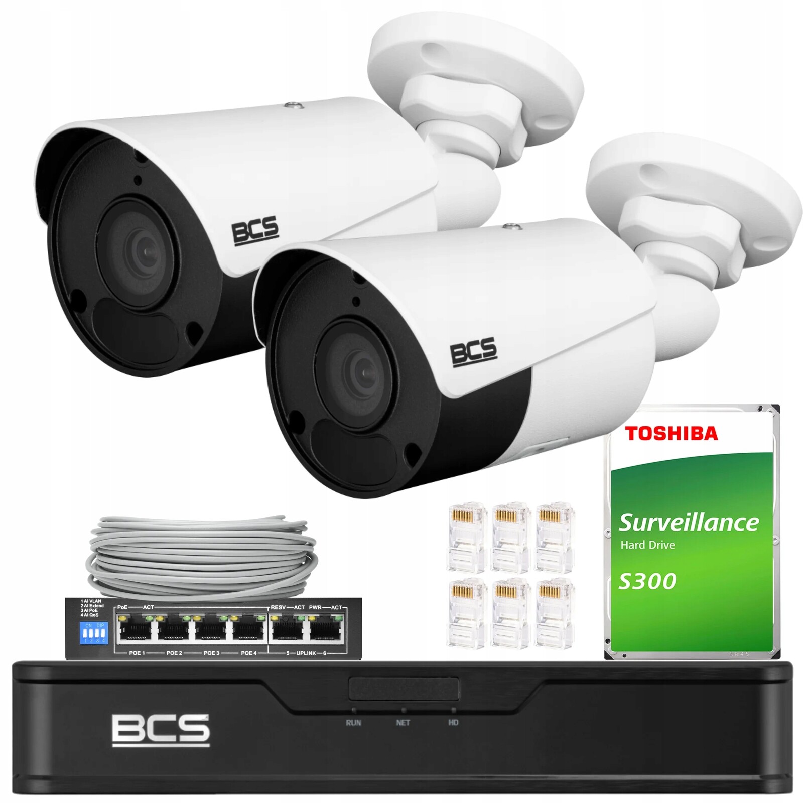 Ip monitorovací sada 2x BCS-P-TIP15FSR5 5Mpx Ir 50m PoE switch disk