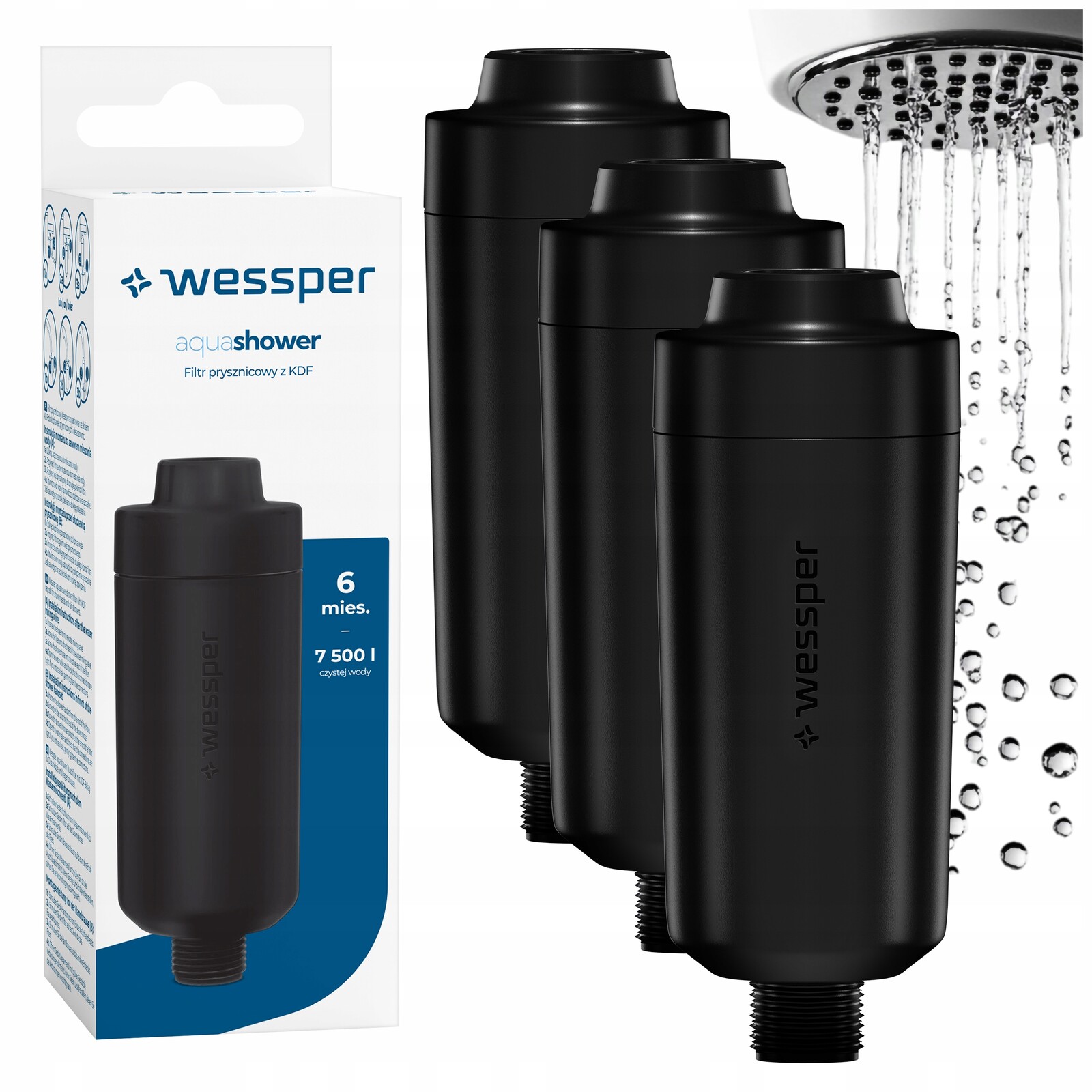 Sada 3x Sprchový Filtr Wessper Kdf černý odstraňuje chlór z vody