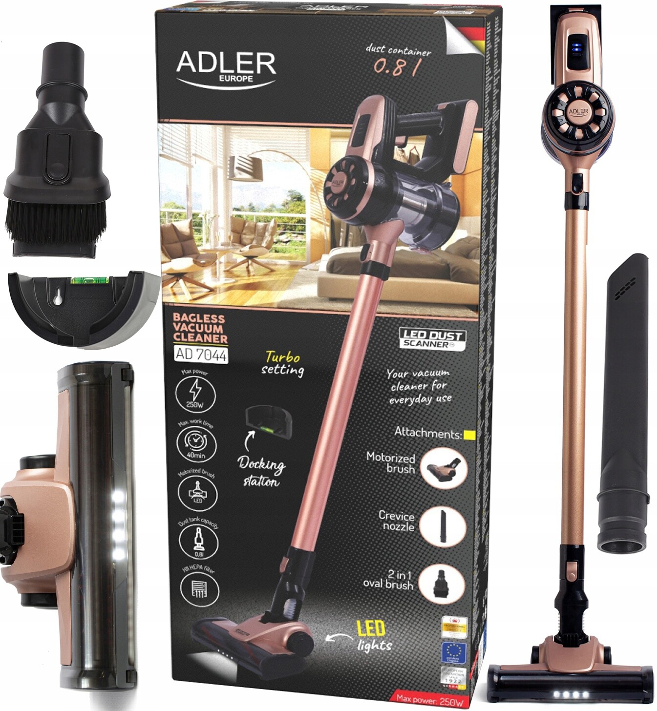 Tyčový Vysavač Adler Aa 7044 Bezdrátový bezsáčkový Turbo 12000 Pa Led