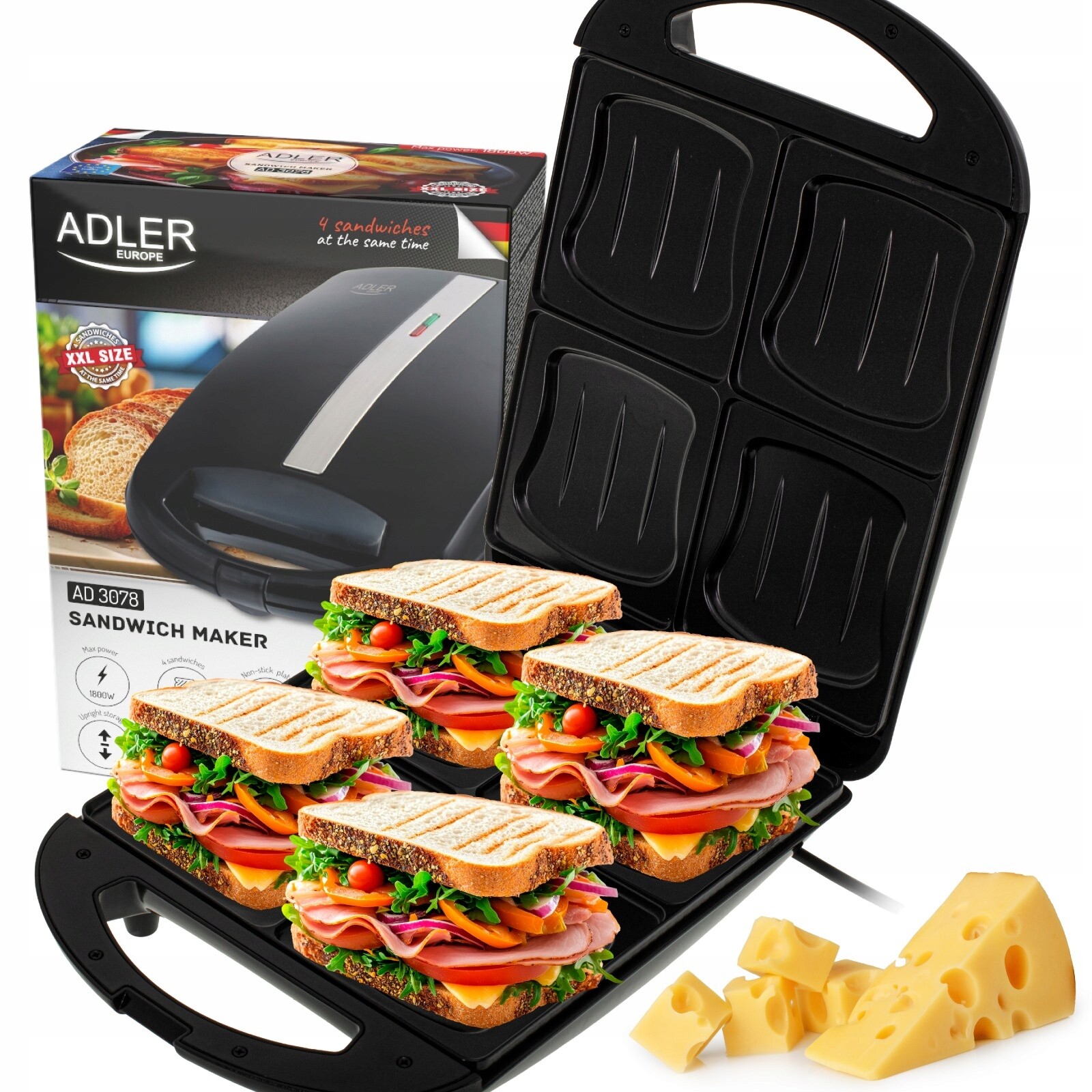 Sendvičovač Toustovač Sandwich na 4 velké sendviče 1800W Non-stick