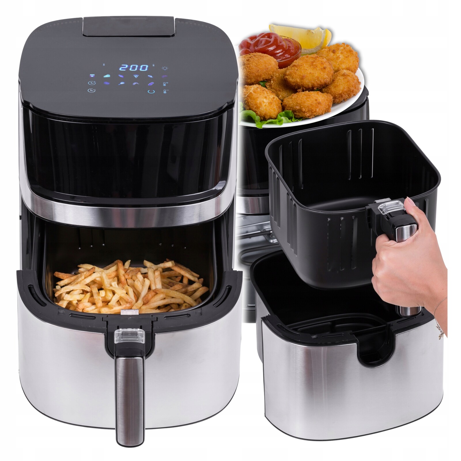 Beztuková fritéza Air Fryer 8L Funkce páry 2x Topná tělesa 10 programů