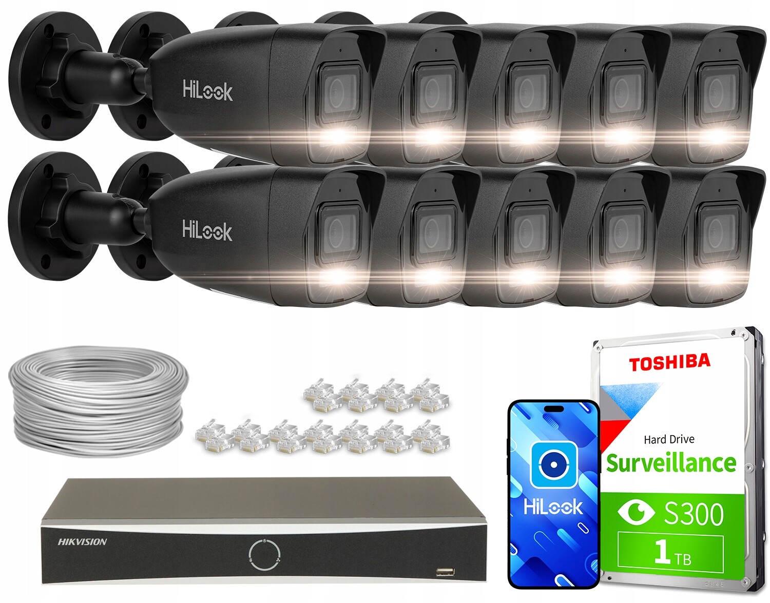 Sada pro monitorování Ip 10x IPCAM-B4-30DL Black 4Mpx DS-7616NXI-K2/16P(D)