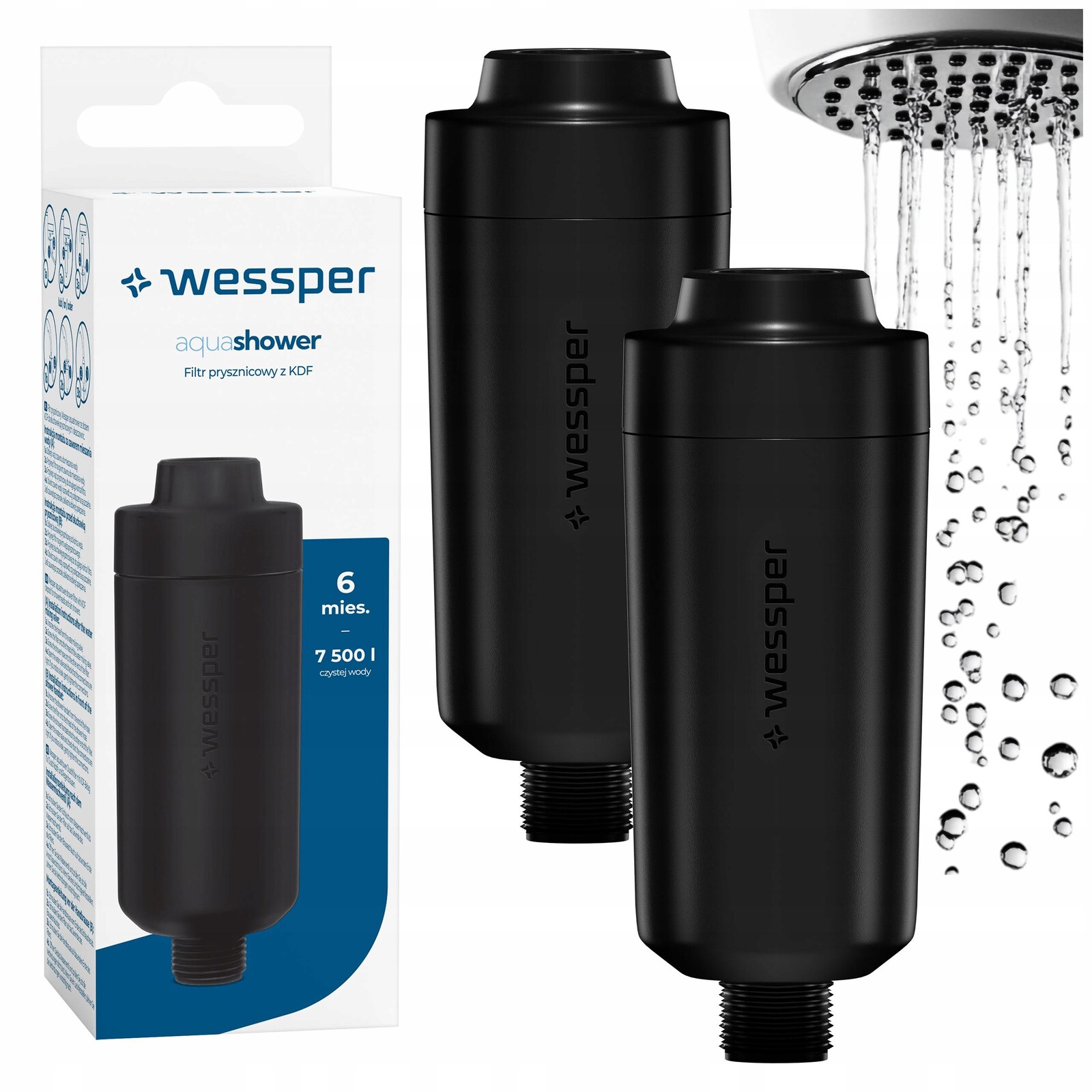 2x Sprchový Filtr Wessper AquaShower s Kdf, černý, odstraňuje chlór a změkčuje