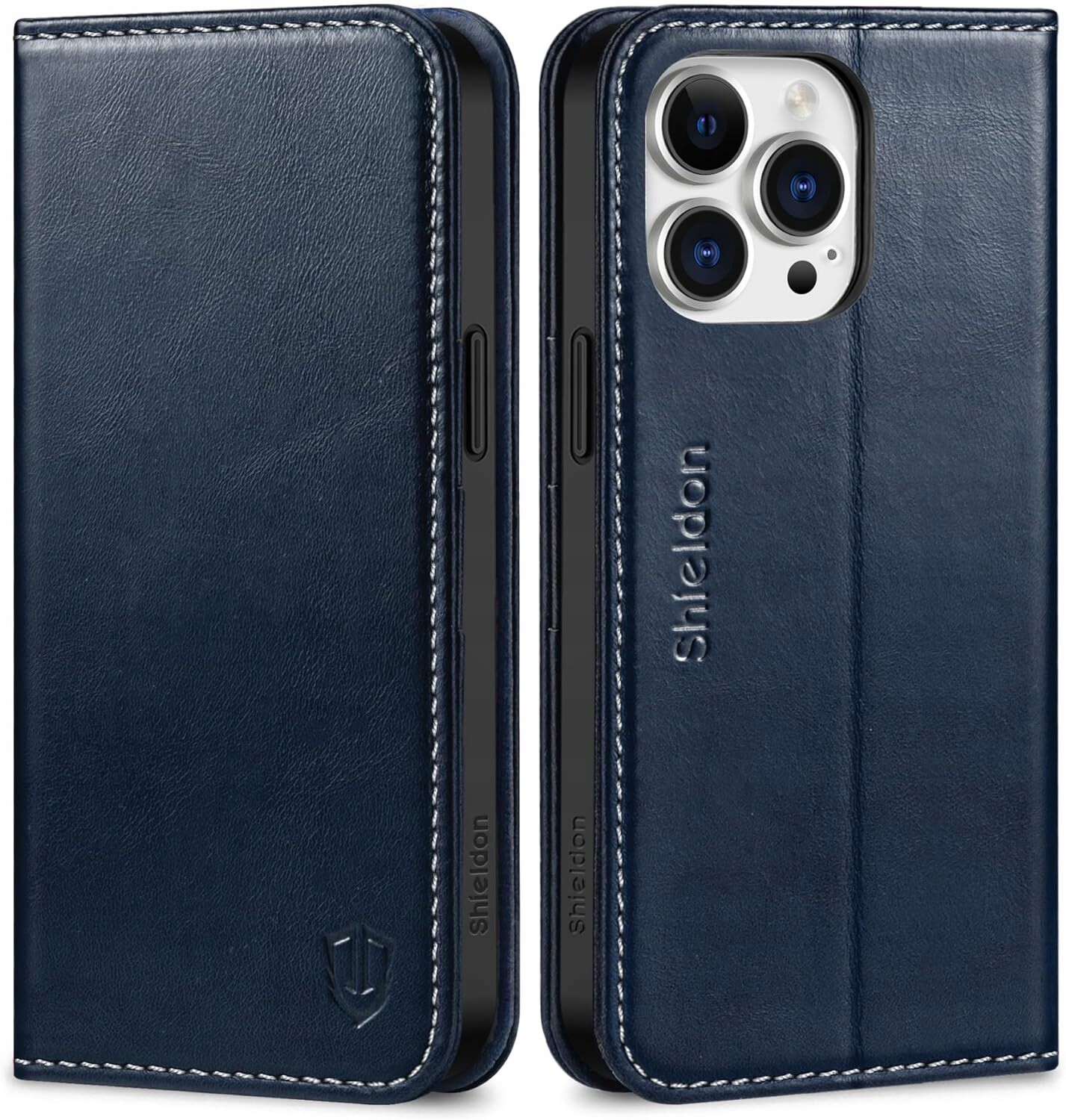 Pouzdro s klopou, kožená peněženka Shieldon pro Apple iPhone 15 Pro Max, modrá