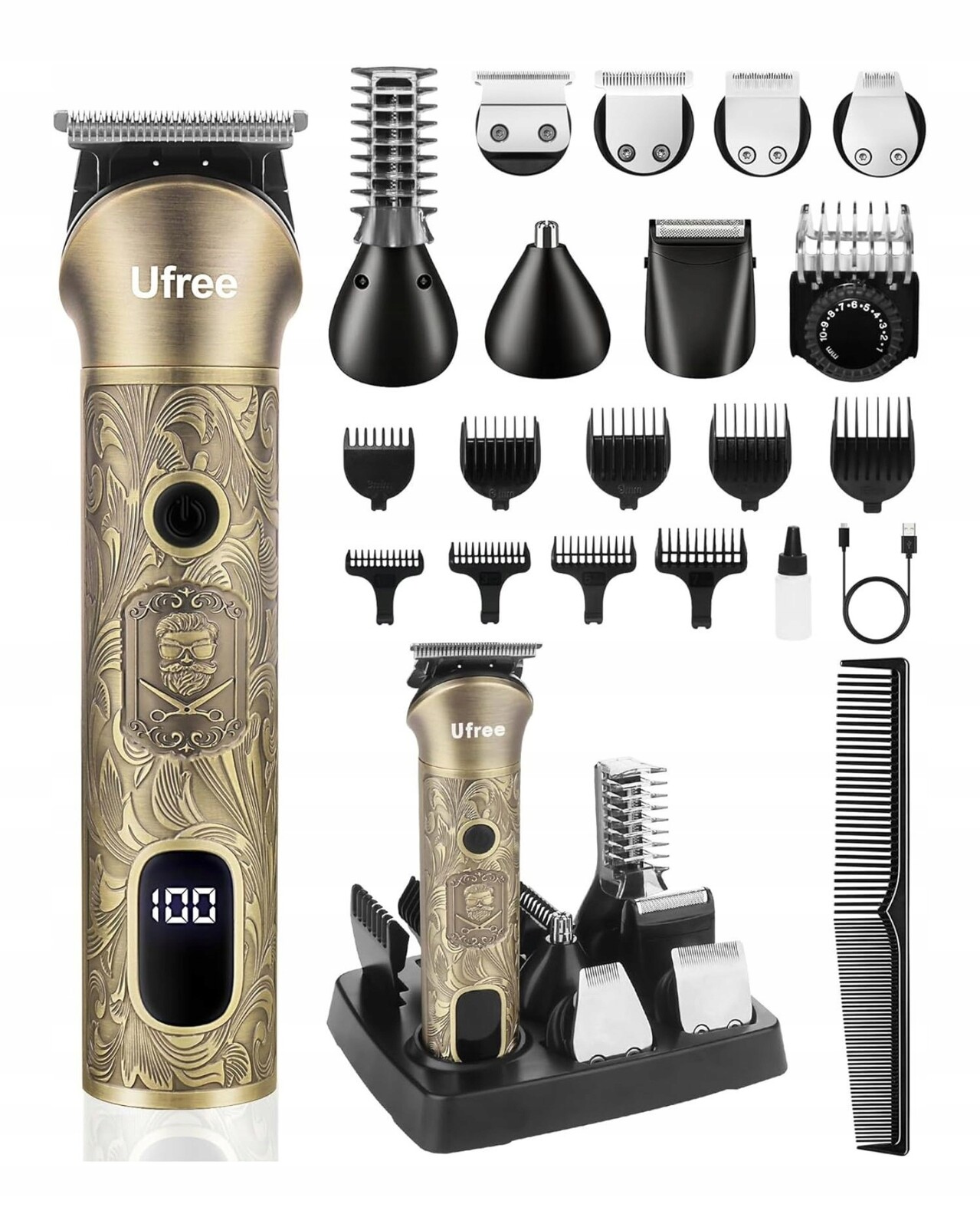 Zastřihovač Ufree 7v1 brada vlasy nos uši tělo holicí strojek LCD akumulátor