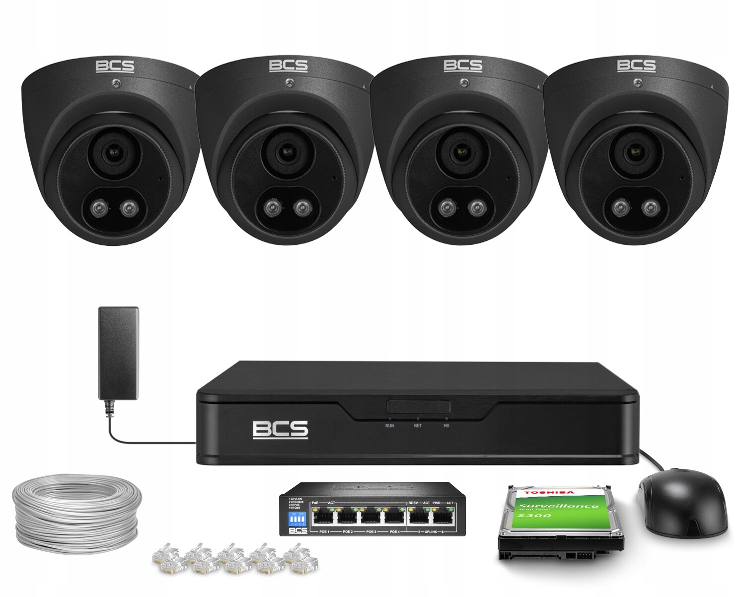 Sada pro monitorování Ip 4x BCS-P-EIP25FSR3L2-AI2-G 5Mpx IR30m White Wdr